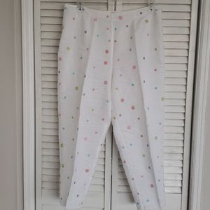 100% White Linen Pants w/Embroidered Polka Dots
